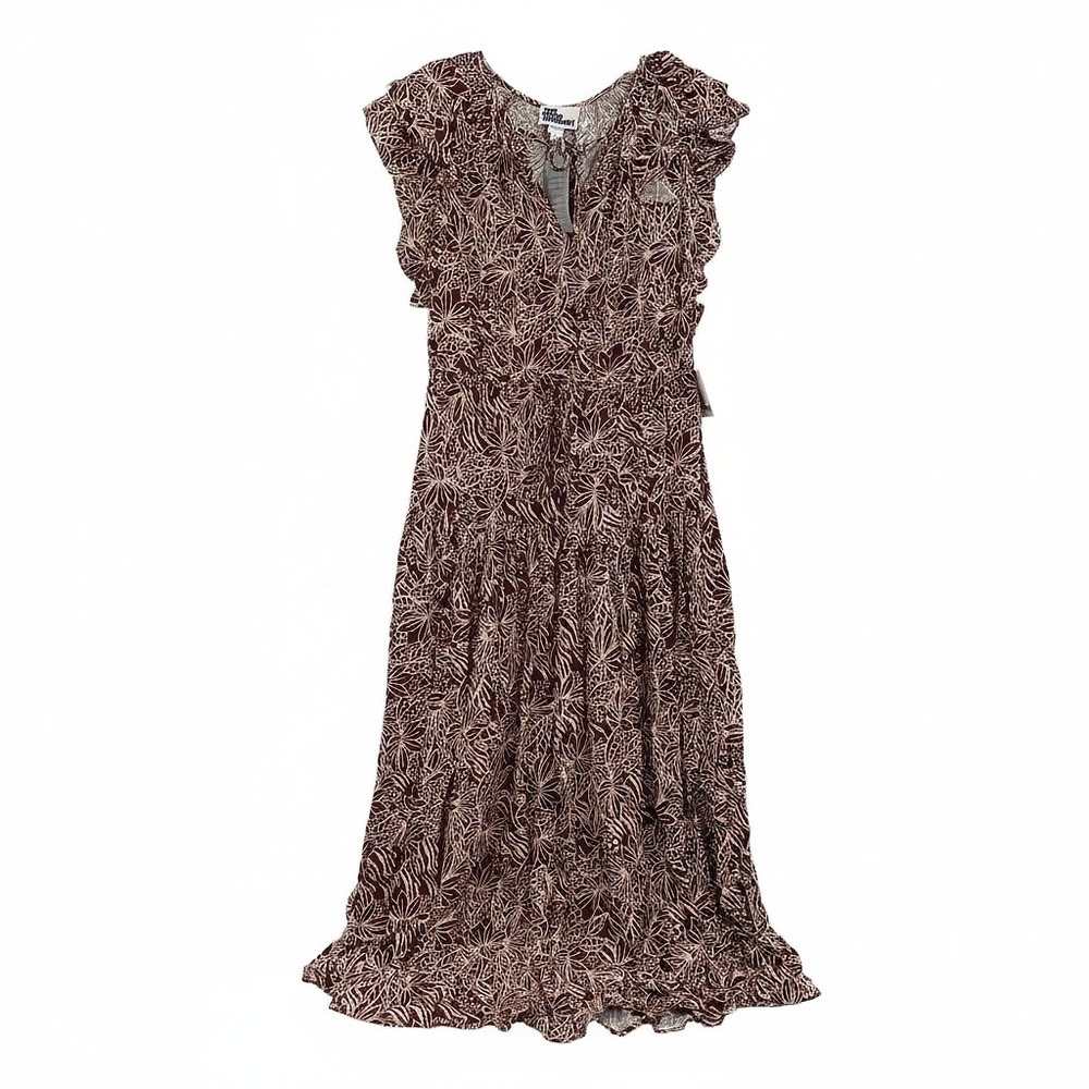 The Good Journey Brown Beige Midi Dress Leaf Print Ruffle Accent | Womens 6